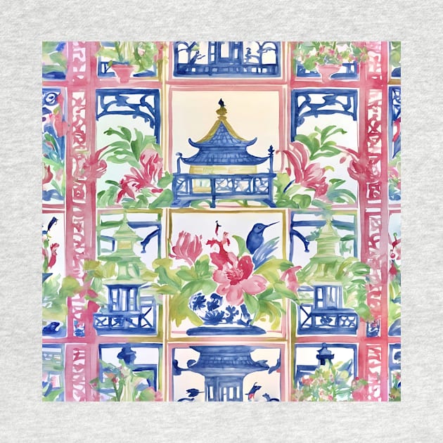 Preppy trellis chinoiserie pagodas, flowers and birds by SophieClimaArt